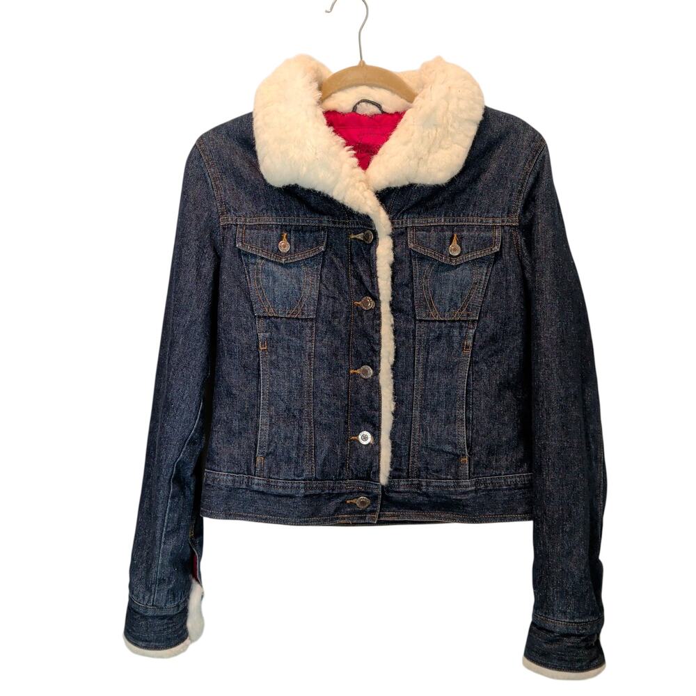 Vintage 90s Y2K Arizona Sz M Denim Jean Jacket Sherpa Trim Trucker Faux Fur